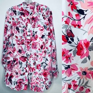 Issac Mizrahi pink multi floral button front blouse shirt size 18W long sleeve